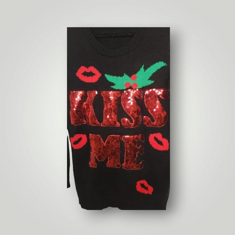 Womens Ugly Christmas Sweater Small Black Kiss Me Mistletoe Sequins Large